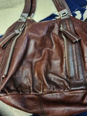 b. makowsky Brown Leather Shoulder Bag with Silver Hardware